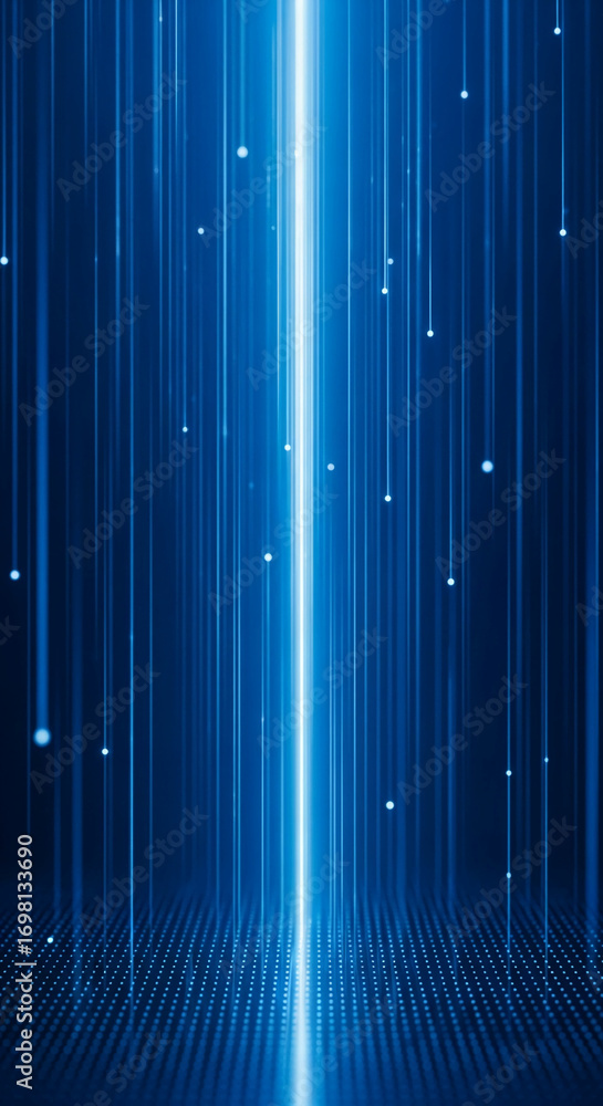 Poster abstract blue background with vertical light beams and small dots, creating a digital or futuristic 