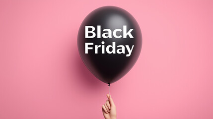Black Friday Promotion: A hand delicately holds a sleek black balloon emblazoned with the words Black Friday against a vibrant pink backdrop, symbolizing the exciting deals of the shopping event.