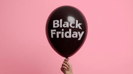 Black Friday Balloon: Capturing the essence of Black Friday, a sleek, black balloon emblazoned with the words Black Friday is held aloft against a soft pink backdrop.