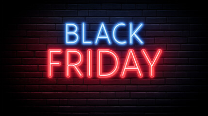 Neon Black Friday: A vibrant neon sign proclaims BLACK FRIDAY against a sleek brick wall, inviting shoppers to the annual sales event. 