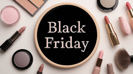 Black Friday Beauty Bargains: An overhead view of beauty products artfully arranged around a central Black Friday chalkboard, symbolizing shopping deals.
