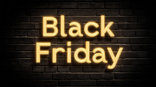 Illuminated Black Friday Sign: A captivating sign, featuring the words Black Friday in bold, neon-style lettering, is mounted against a dark, textured brick wall.