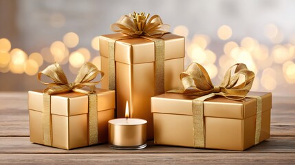 Golden gift boxes with candlelight creating festive atmosphere