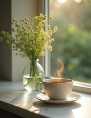 cup of coffee and flowers