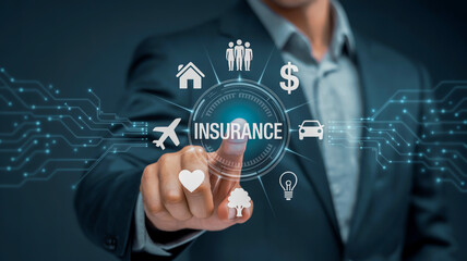 Man touching digital screen with insurance icons and options