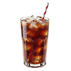Refreshing cold glass of cola drink with ice cubes and a red and white straw transparent background