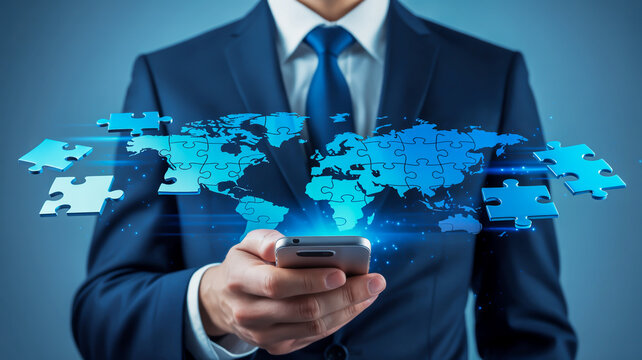 Businessman holding smartphone with glowing digital world map puzzle pieces