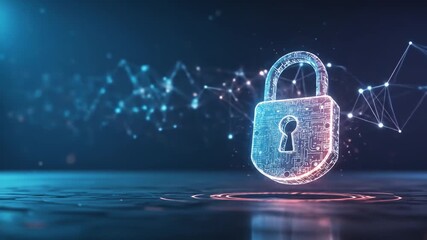 Digital lock glows blue with intricate circuitry over a reflective surface