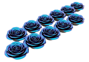 Perfectly bloomed iridescent blue metallic roses, flawlessly engineered, intricate details, arranged diagonally on transparent studio background, high-key lighting, concept of engineered beauty