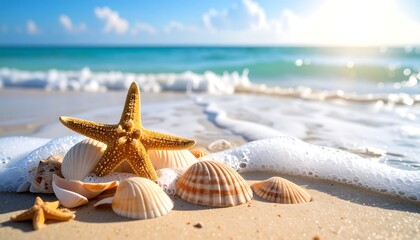 A golden starfish and various seashells rest on a sunlit sandy beach as gentle waves lap the shore