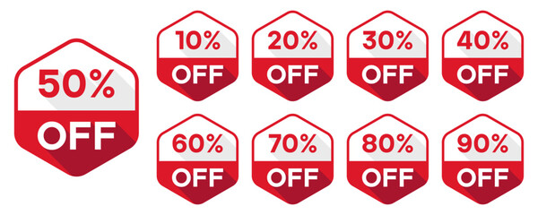 Red Discount Sale Badge Set with Percentage Off Labels for Promotions