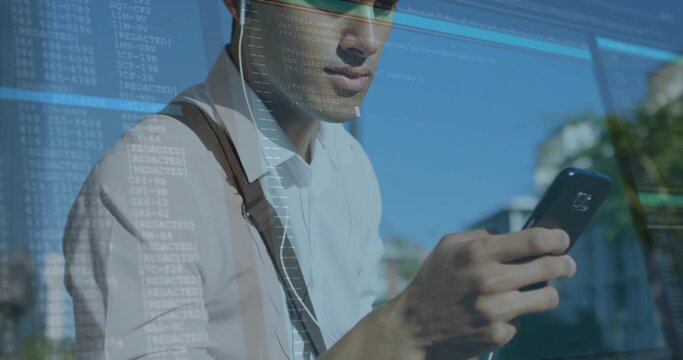 Holding smartphone man in white shirt and suspenders showcasing code reflection on glass in plaza