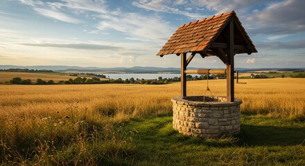 Stone well with roof in golden field landscape