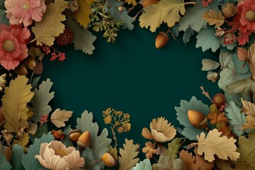 Autumn banner with text space, realistic elements frame like maple, oak leaf, acorns, mushrooms, rich detailed border, cozy seasonal colors, dark green background for sale poster template design