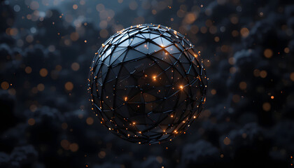 "Geodesic Sphere with Glowing Nodes – Abstract Digital Structure in Cosmic Atmosphere"