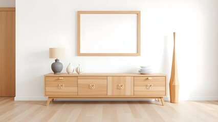 Rustic wooden cabinet near white wall with blank mockup poster frame with copy space. Boho interior design of modern living room. Created with generative AI