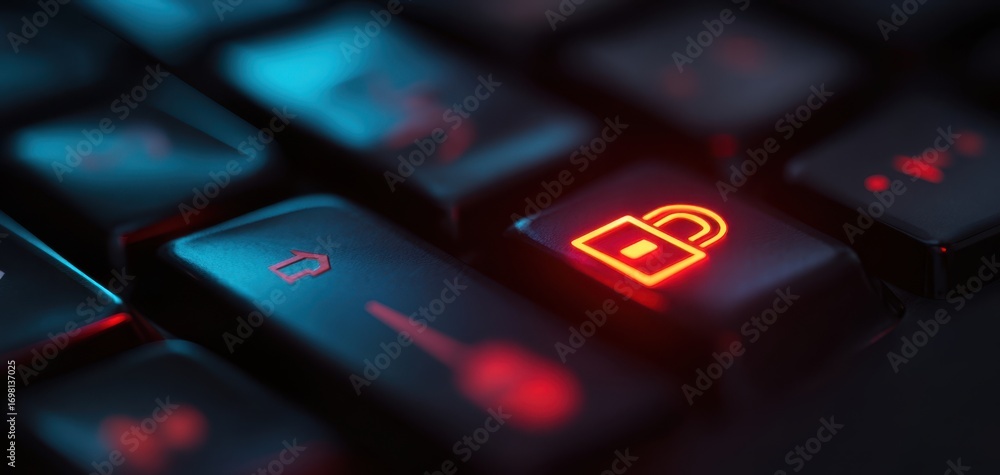 Aufkleber the lock key on a backlit mechanical keyboard emphasizing cybersecurity and data protection