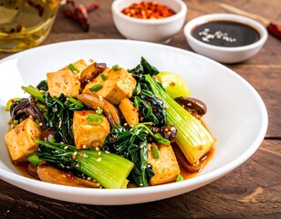 Stir-fried tofu with greens and mushrooms