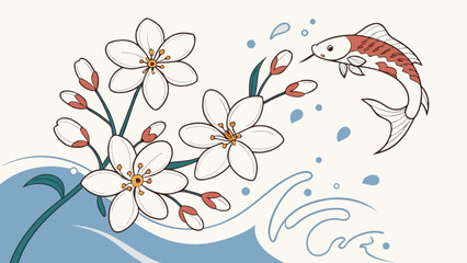 Illustration of koi fish swimming among cherry blossoms in japanese art style design