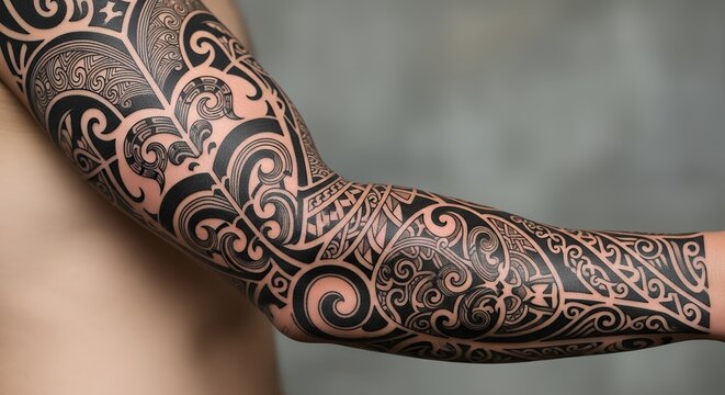 Detailed Polynesian Style Black Tattoo Sleeve on Arm with Intricate Patterns in Closeup