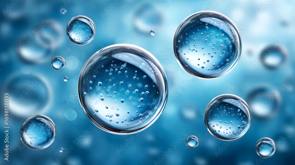 Poster Transparent bubbles floating in deep blue water with smaller bubbles inside
