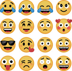 Fototapeta premium Emojis vector pack funny face expressions yellow circle emoticons social media communication happy sad cool love