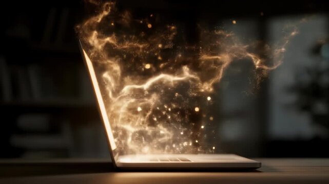 A laptop emits glowing, ethereal energy, like particles or smoke. The scene is dimly lit with blurred objects in the background