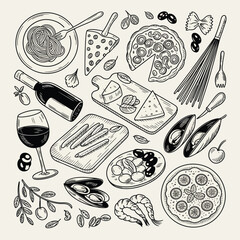Hand drawn sketch of Italian food and ingredients with wine Keywords: Italian food, pasta, pizza