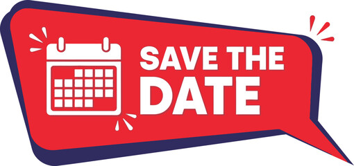 Bright red banner with "SAVE THE DATE" text and calendar icon, perfect for announcements.