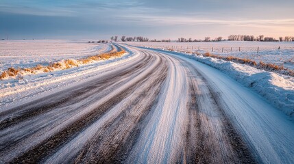 A snowy, winding road through a winter landscape with fields and distant trees under a colorful sky.