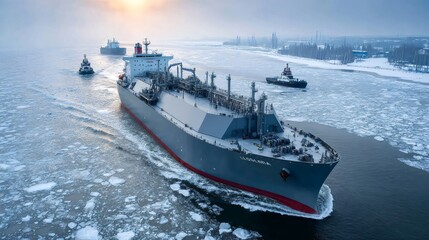 Lng tanker navigating icy waters with tugboats at sunset