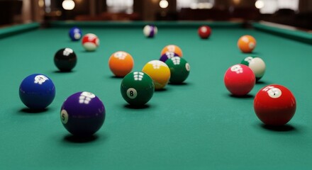 Billiard balls scattered on green felt table surface in a pool hall ready for a game of skill