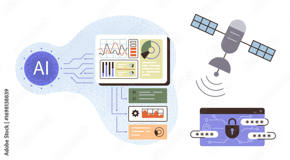 Poster ai processing data with graphs, cybersecurity lock, and satellite. ideal for ai innovation, data pri