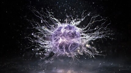 Abstract glowing neural cell with electric branches, futuristic biological structure symbolizing neuroscience, artificial intelligence and energy flow