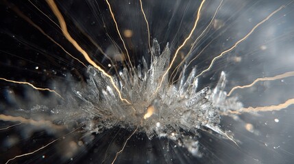 Abstract crystal explosion with glowing electric energy lines, futuristic concept of power, quantum science, technology and dynamic visualization design