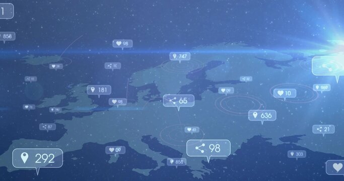 Displaying map of Europe on dark grid, radar rings, social icons, numeric labels and lens flare