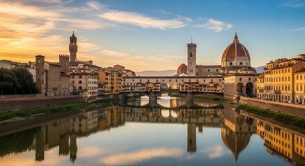 Fototapeta premium Florence Cityscape with Historic Buildings and River at Sunset