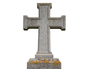  Weathered Stone Cross Statue Front View, Religious Monument, Isolated on White Background