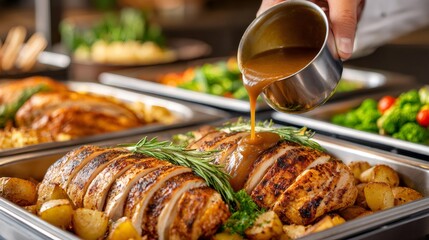 Chef pouring gravy over sliced roasted turkey breast with potatoes and rosemary in buffet tray