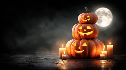 Three carved pumpkins are stacked with candles to create a Halloween décor against a dark backdrop during a full moon. 