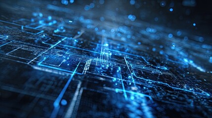 Futuristic digital circuit board with glowing blue lines, abstract technology background symbolizing data, artificial intelligence, and high speed network