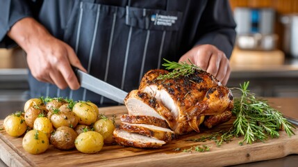 Chef slicing roasted chicken with rosemary and potatoes on cutting board