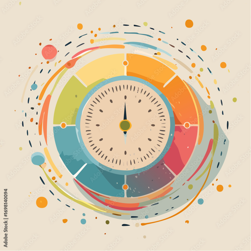 Poster clock face with colorful abstract swirls and paint splatter