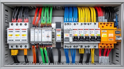 Electrical panel showing circuit breakers and wiring connections
