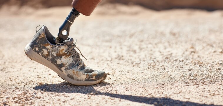 The Prosthetic Leg in a Camouflage Sneaker Taking a Step on Sandy Trail