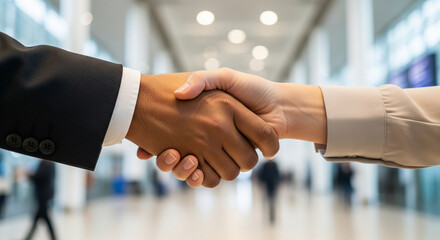 Professional business handshake between diverse partners in a modern lobby