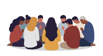 Diverse group of people sitting in a circle praying with hands clasped