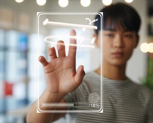 Innovative asian man interacting with a futuristic holographic user interface, manipulating glowing data on a transparent virtual screen