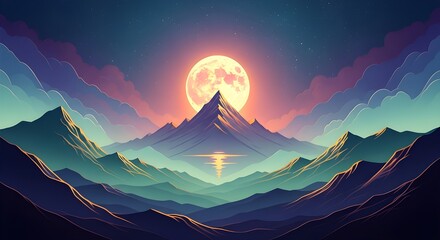 Stunning full moon illuminates majestic mountain peaks reflecting on serene water at twilight