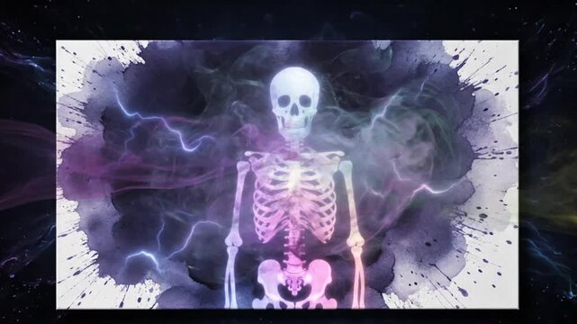 Abstract video with purple, black, and yellow smoke, creating a dramatic and artistic effect with sceleton